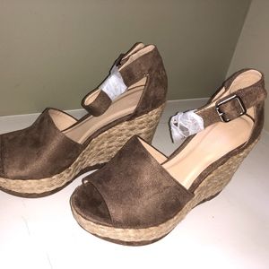 faux-suede taupe heel with a 4.5" braided wedge